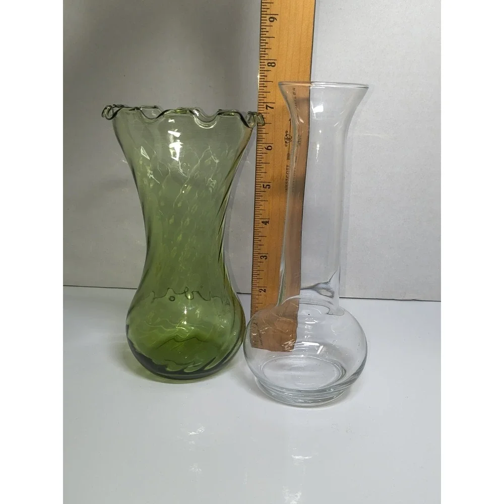 Blown Glass Flower Vase Set Green Ruffled Fluted Rim Optic Swirl & Clear Slender